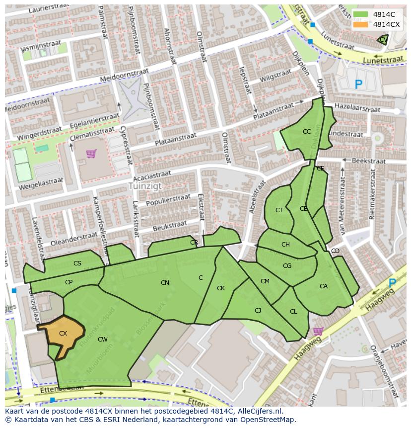 Afbeelding van het postcodegebied 4814 CX op de kaart.