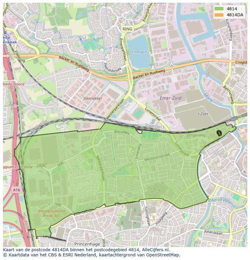 Afbeelding van het postcodegebied 4814 DA op de kaart.