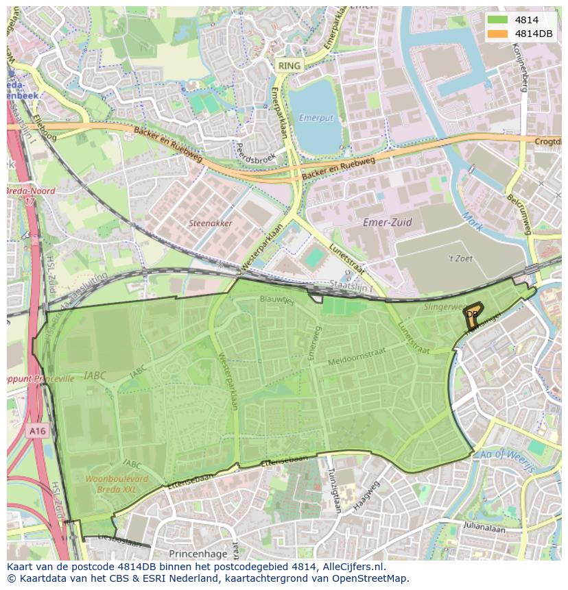 Afbeelding van het postcodegebied 4814 DB op de kaart.
