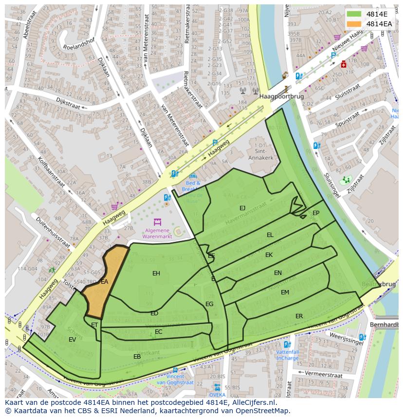 Afbeelding van het postcodegebied 4814 EA op de kaart.