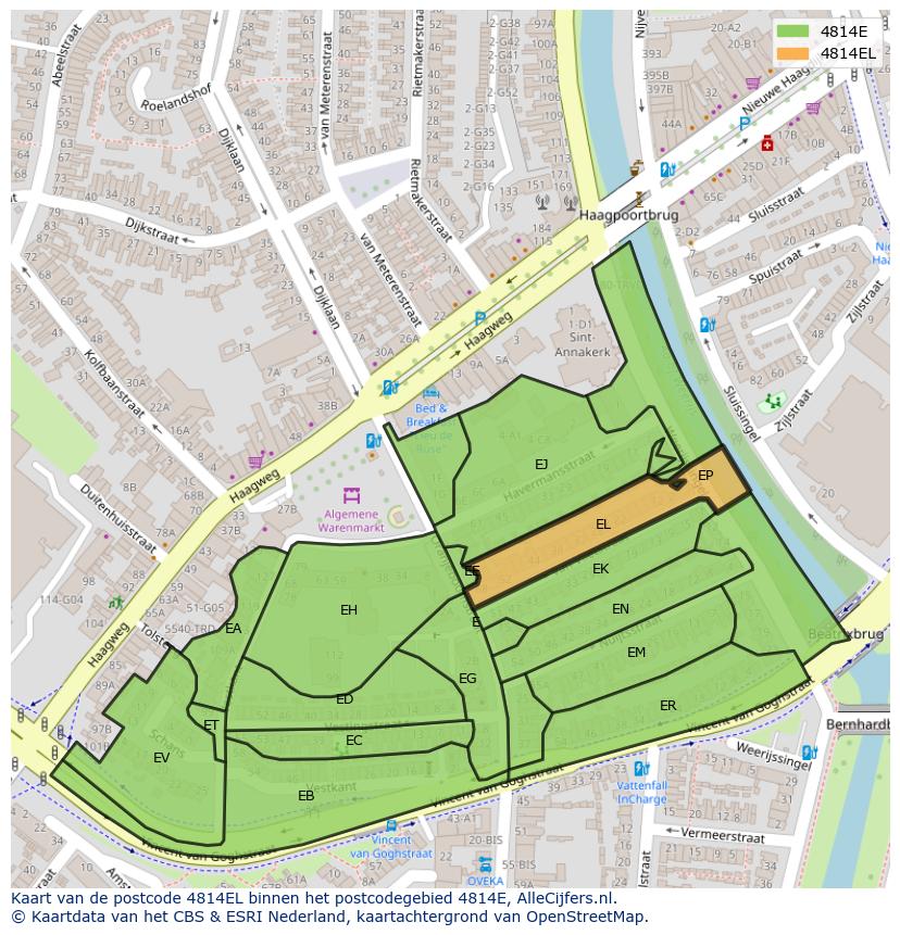 Afbeelding van het postcodegebied 4814 EL op de kaart.