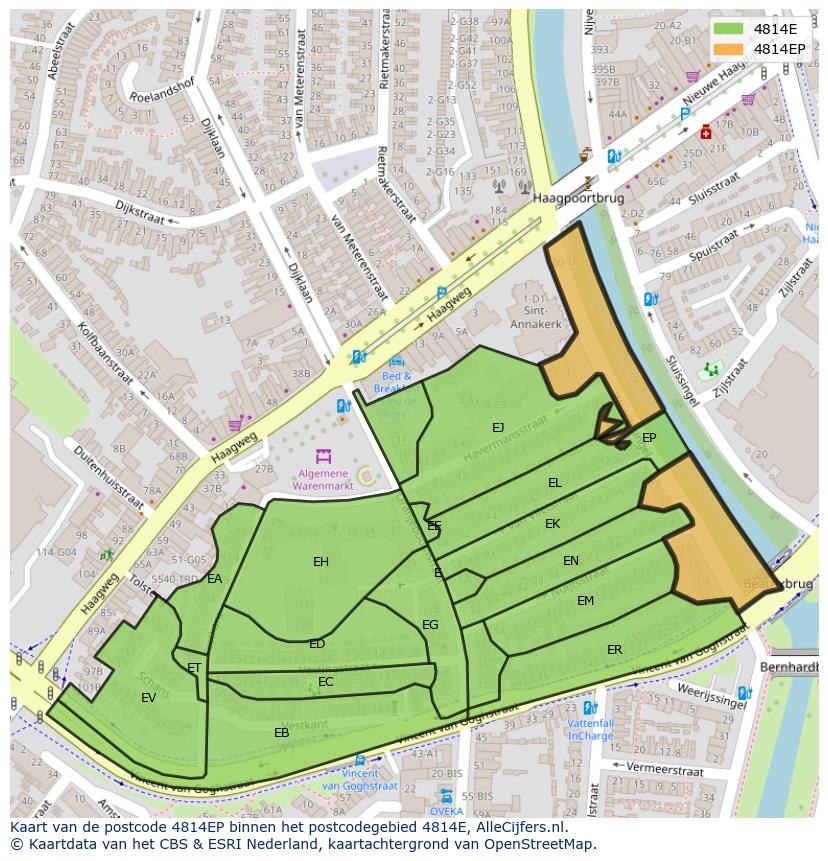 Afbeelding van het postcodegebied 4814 EP op de kaart.