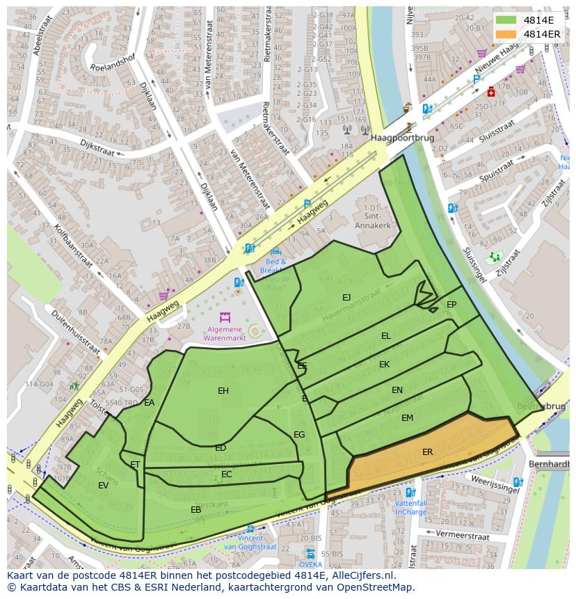 Afbeelding van het postcodegebied 4814 ER op de kaart.