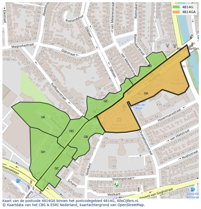 Afbeelding van het postcodegebied 4814 GA op de kaart.