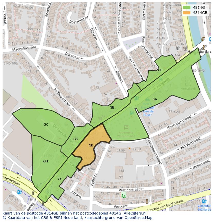 Afbeelding van het postcodegebied 4814 GB op de kaart.