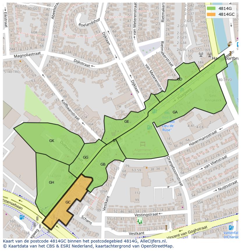 Afbeelding van het postcodegebied 4814 GC op de kaart.