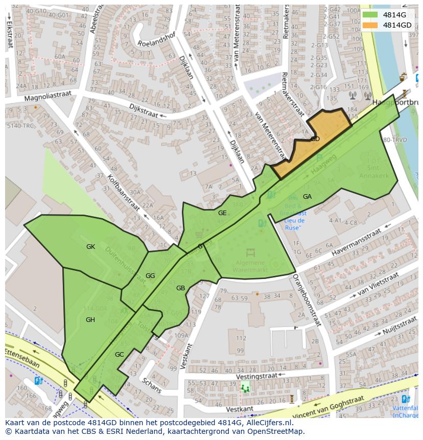 Afbeelding van het postcodegebied 4814 GD op de kaart.