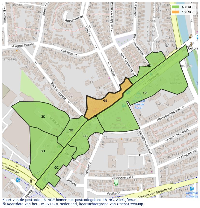 Afbeelding van het postcodegebied 4814 GE op de kaart.