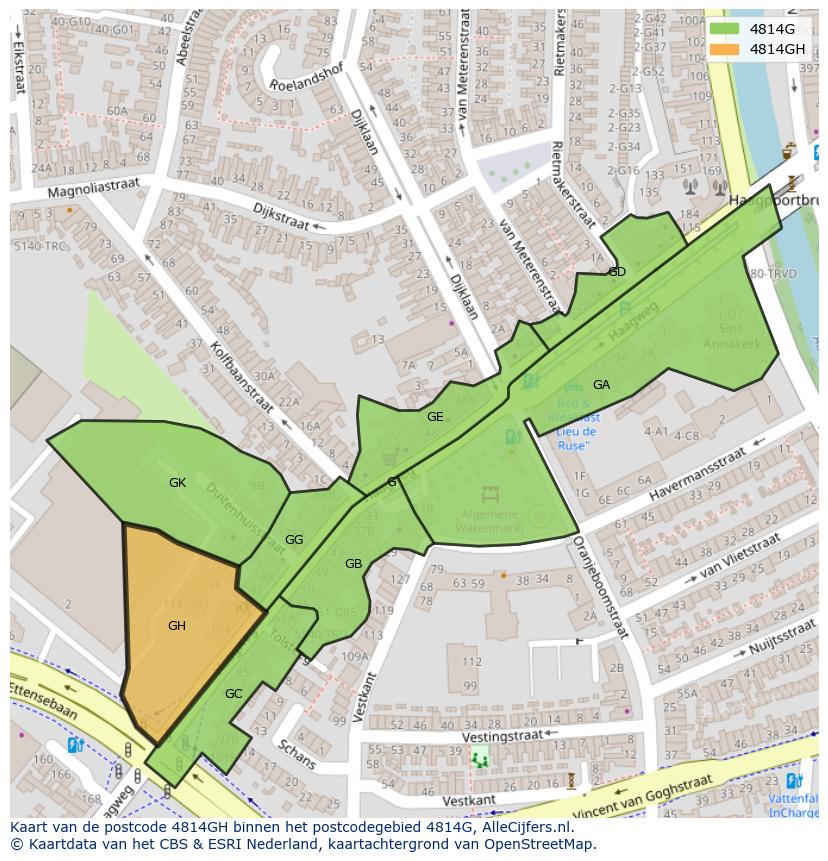 Afbeelding van het postcodegebied 4814 GH op de kaart.