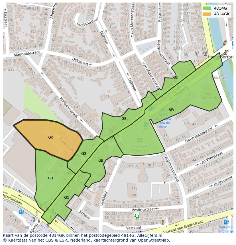 Afbeelding van het postcodegebied 4814 GK op de kaart.