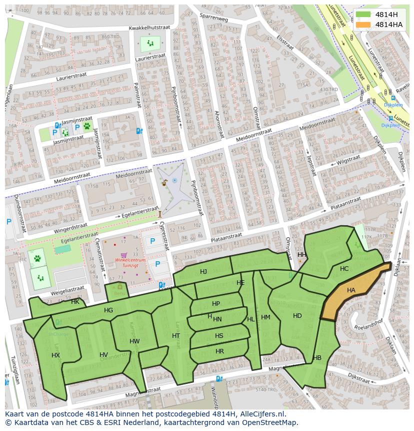 Afbeelding van het postcodegebied 4814 HA op de kaart.