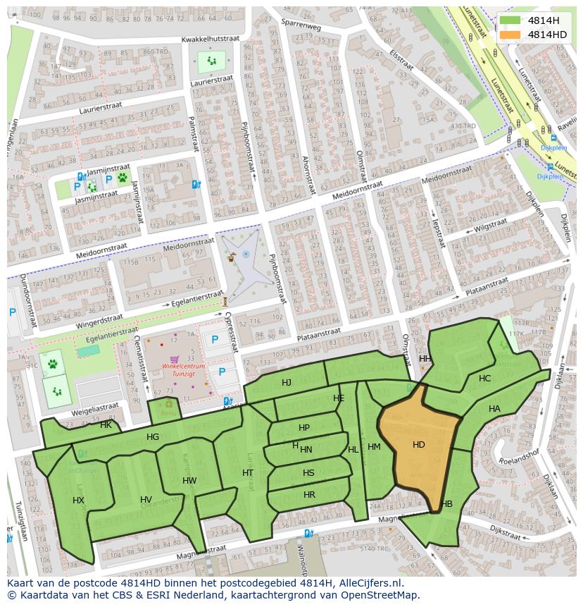 Afbeelding van het postcodegebied 4814 HD op de kaart.