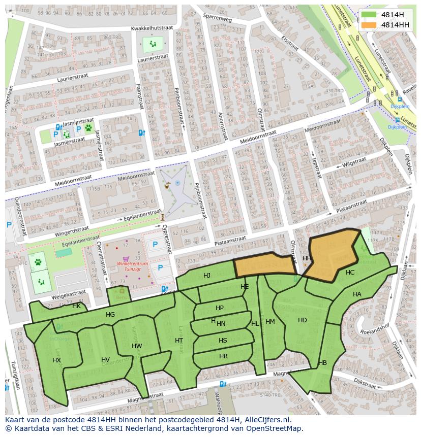 Afbeelding van het postcodegebied 4814 HH op de kaart.