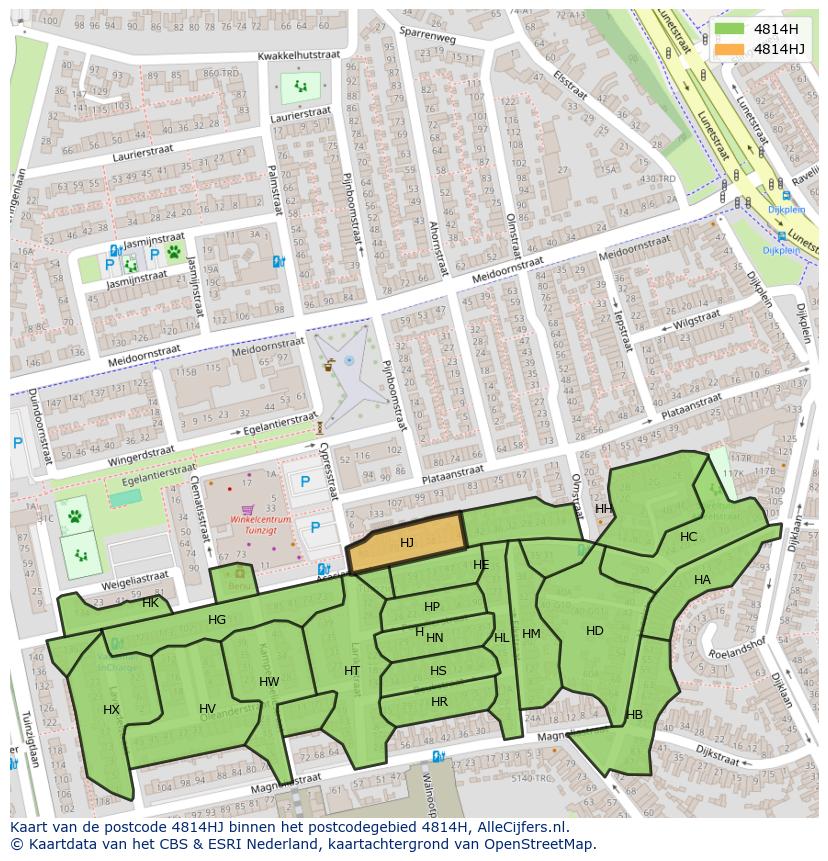 Afbeelding van het postcodegebied 4814 HJ op de kaart.
