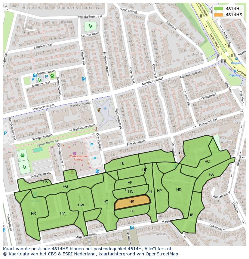 Afbeelding van het postcodegebied 4814 HS op de kaart.