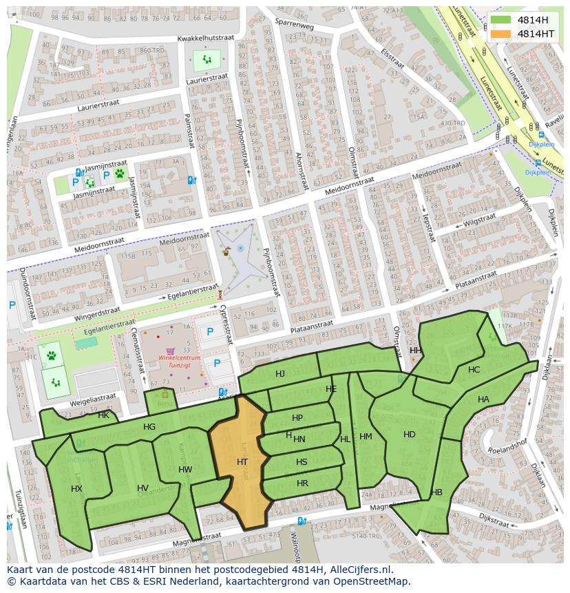 Afbeelding van het postcodegebied 4814 HT op de kaart.