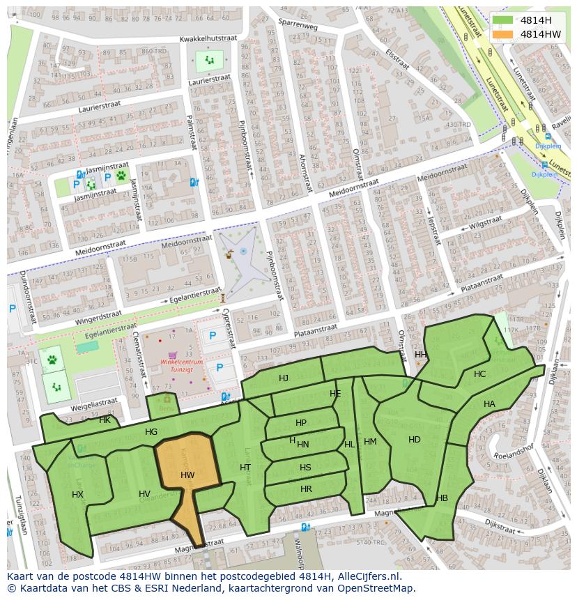 Afbeelding van het postcodegebied 4814 HW op de kaart.