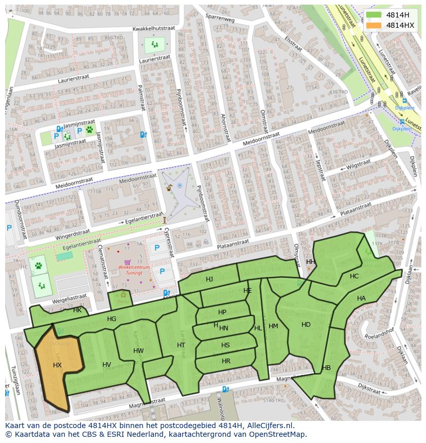 Afbeelding van het postcodegebied 4814 HX op de kaart.