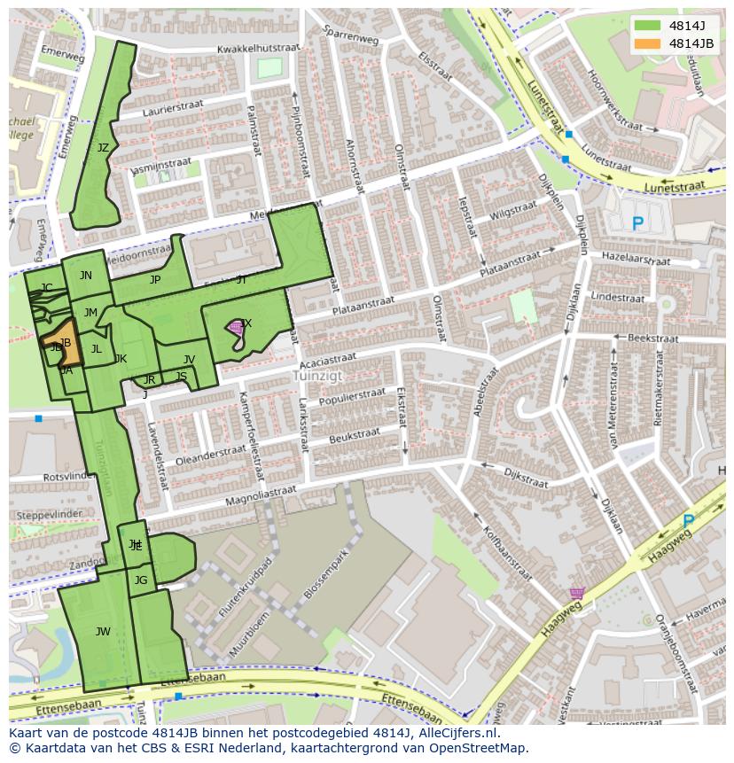 Afbeelding van het postcodegebied 4814 JB op de kaart.