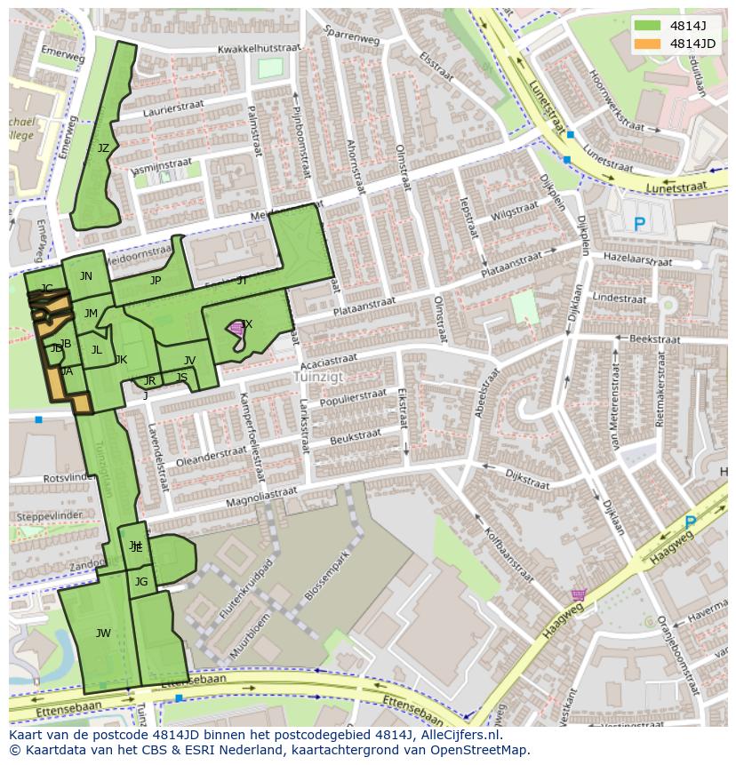Afbeelding van het postcodegebied 4814 JD op de kaart.