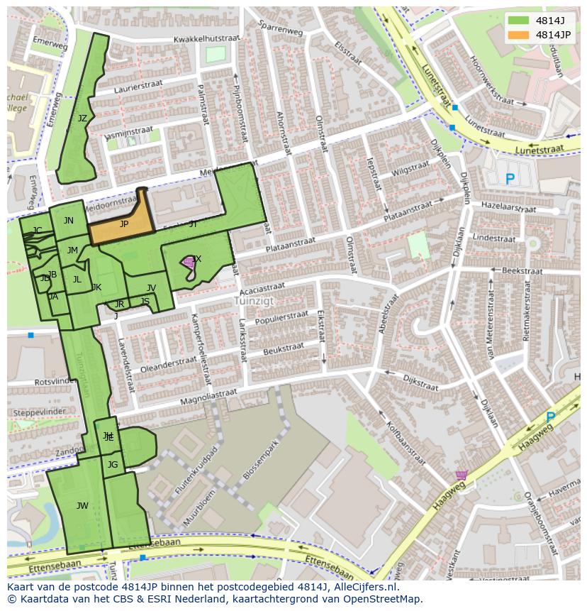 Afbeelding van het postcodegebied 4814 JP op de kaart.