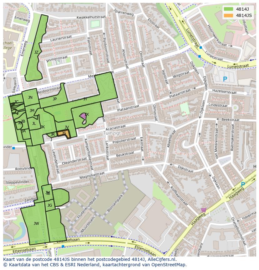 Afbeelding van het postcodegebied 4814 JS op de kaart.