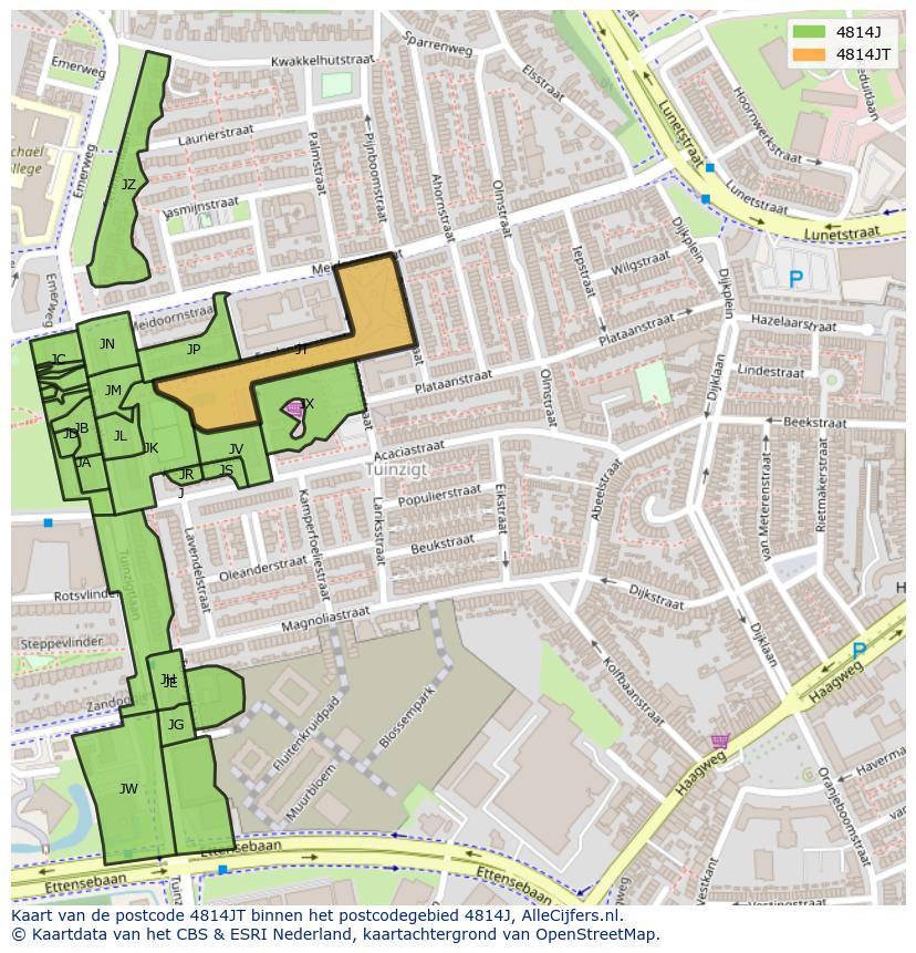Afbeelding van het postcodegebied 4814 JT op de kaart.