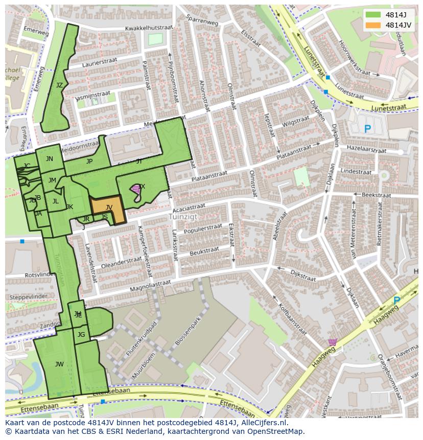 Afbeelding van het postcodegebied 4814 JV op de kaart.
