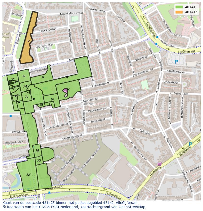 Afbeelding van het postcodegebied 4814 JZ op de kaart.