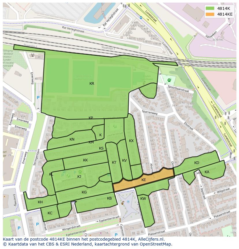 Afbeelding van het postcodegebied 4814 KE op de kaart.