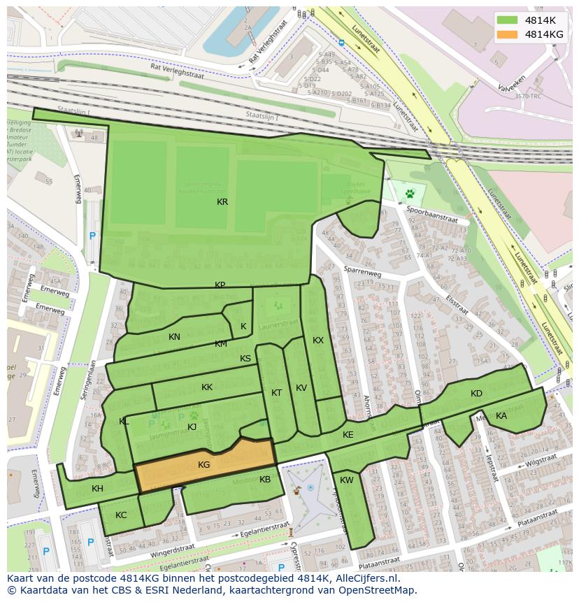 Afbeelding van het postcodegebied 4814 KG op de kaart.