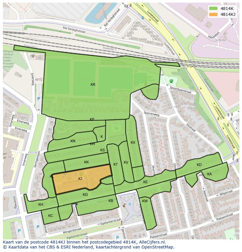 Afbeelding van het postcodegebied 4814 KJ op de kaart.
