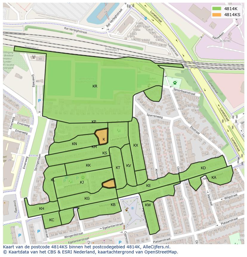 Afbeelding van het postcodegebied 4814 KS op de kaart.