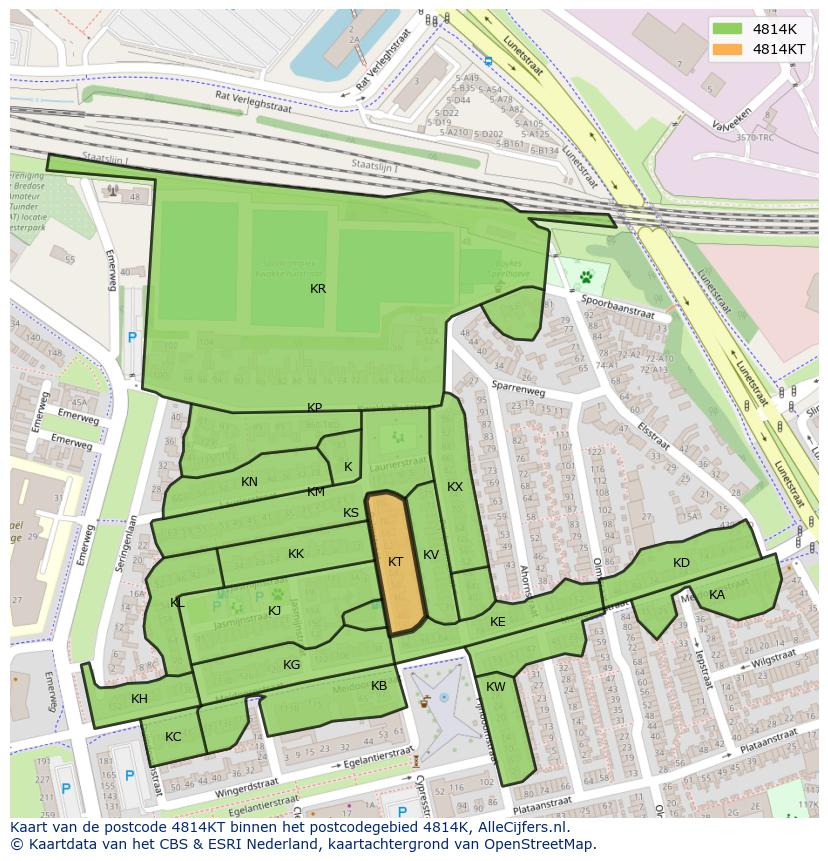 Afbeelding van het postcodegebied 4814 KT op de kaart.