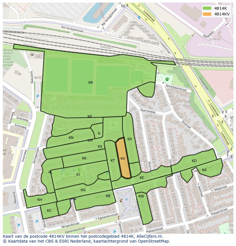 Afbeelding van het postcodegebied 4814 KV op de kaart.