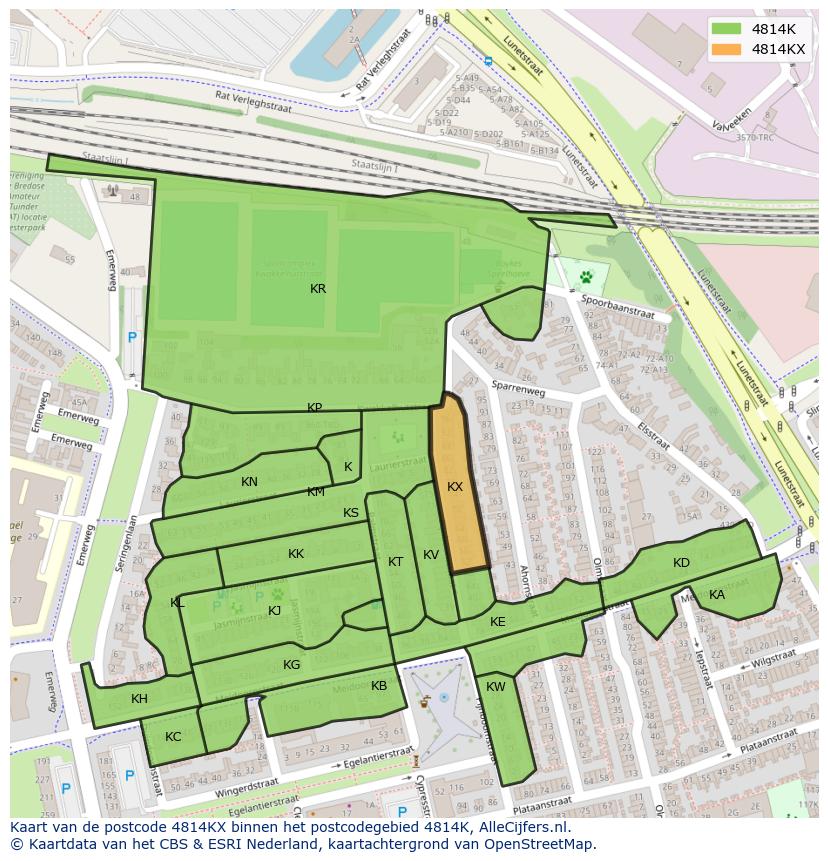 Afbeelding van het postcodegebied 4814 KX op de kaart.