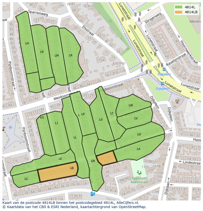Afbeelding van het postcodegebied 4814 LB op de kaart.