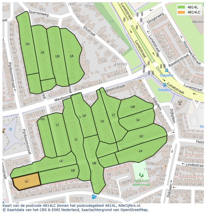 Afbeelding van het postcodegebied 4814 LC op de kaart.