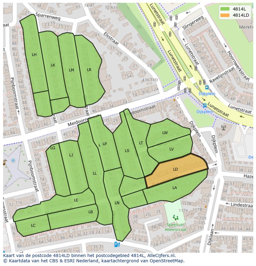 Afbeelding van het postcodegebied 4814 LD op de kaart.