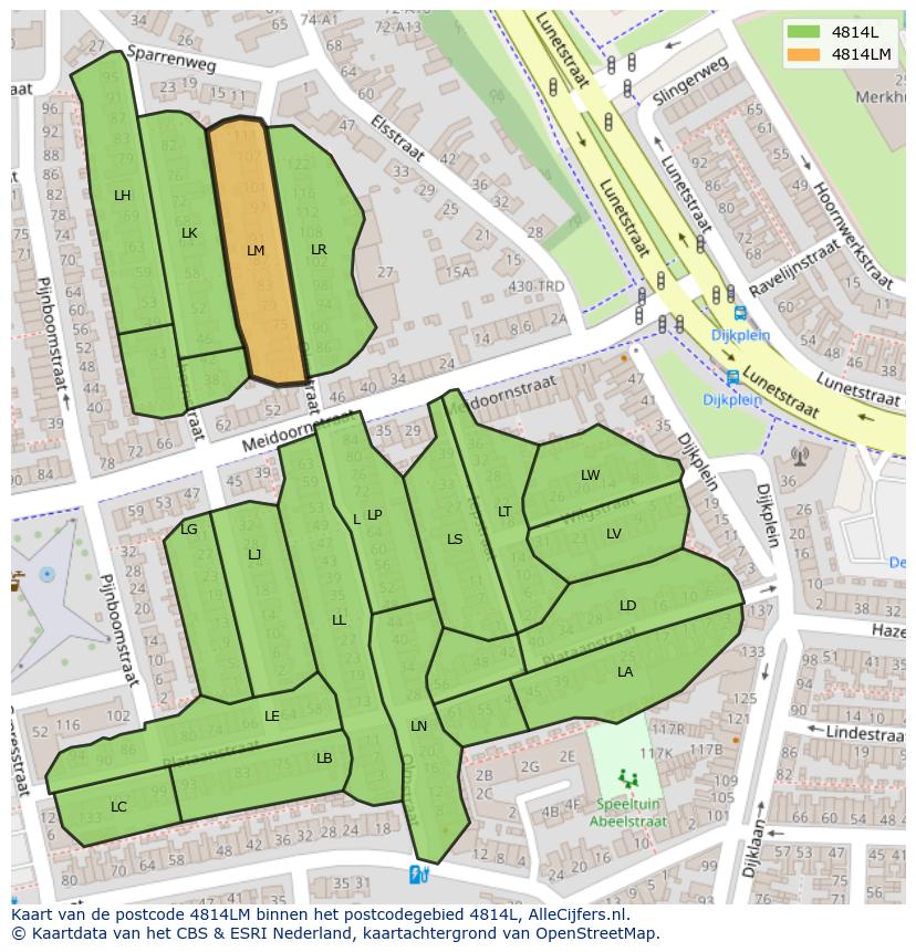 Afbeelding van het postcodegebied 4814 LM op de kaart.