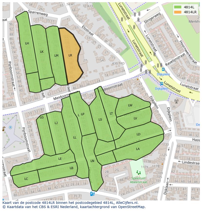 Afbeelding van het postcodegebied 4814 LR op de kaart.