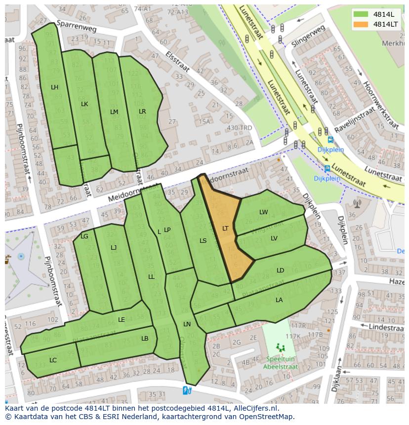 Afbeelding van het postcodegebied 4814 LT op de kaart.