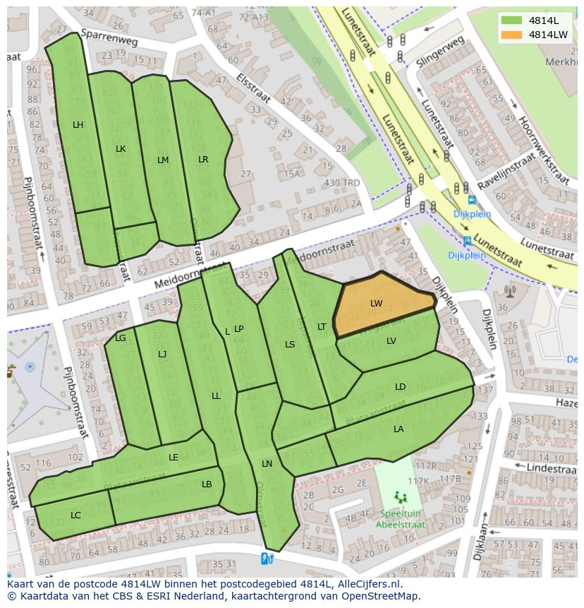 Afbeelding van het postcodegebied 4814 LW op de kaart.