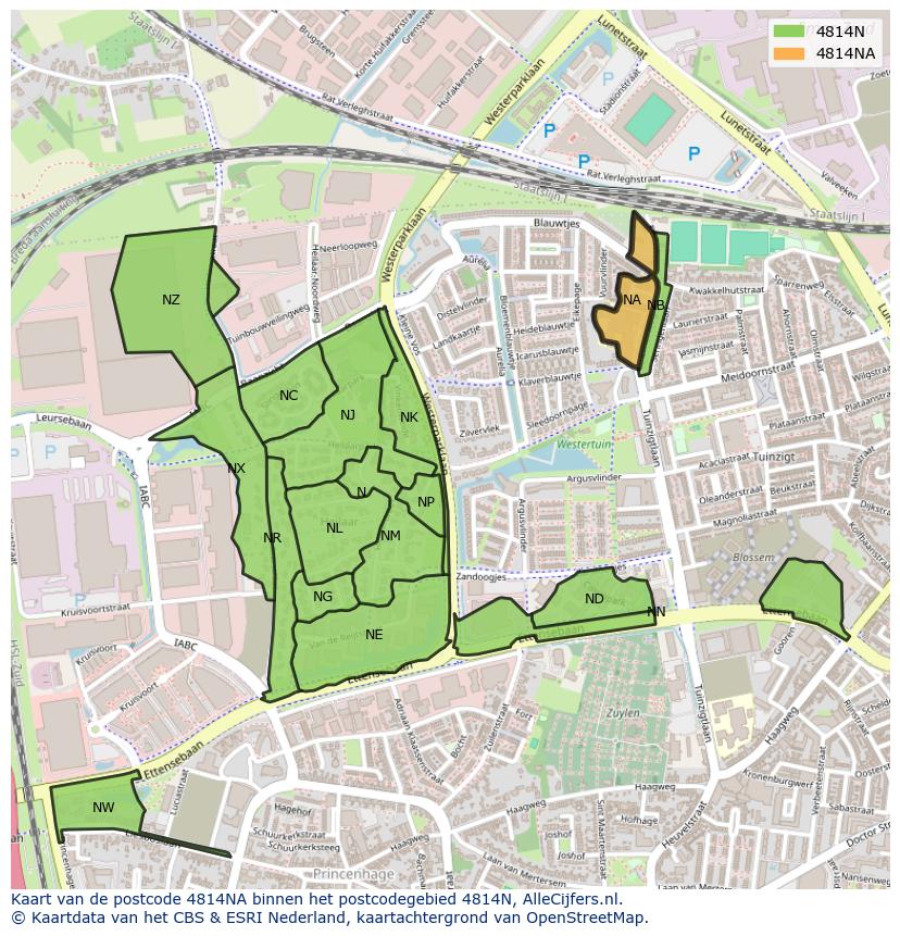 Afbeelding van het postcodegebied 4814 NA op de kaart.