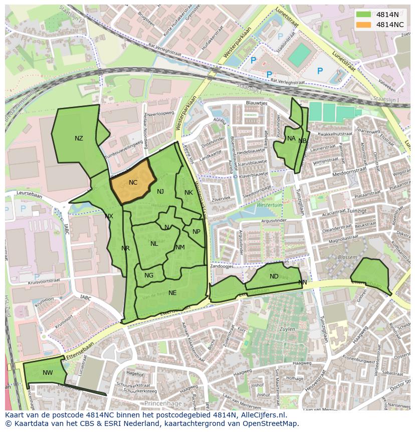 Afbeelding van het postcodegebied 4814 NC op de kaart.