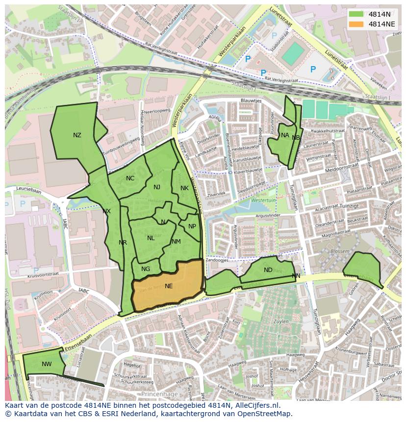 Afbeelding van het postcodegebied 4814 NE op de kaart.