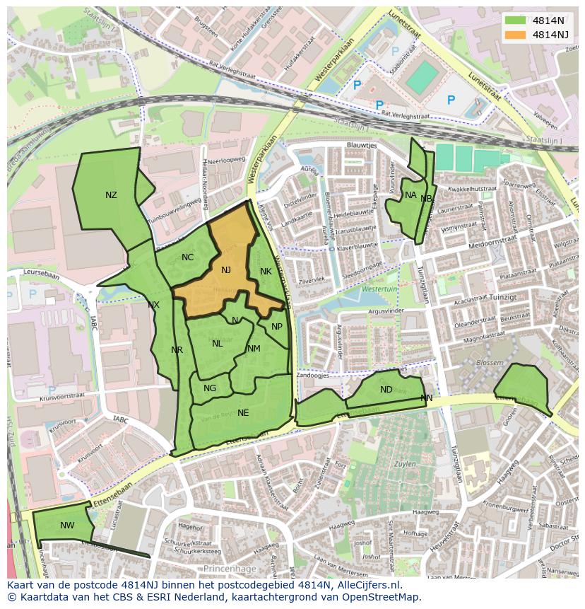 Afbeelding van het postcodegebied 4814 NJ op de kaart.