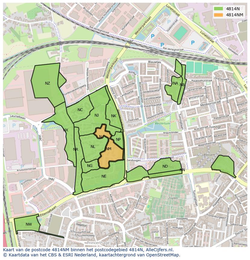 Afbeelding van het postcodegebied 4814 NM op de kaart.