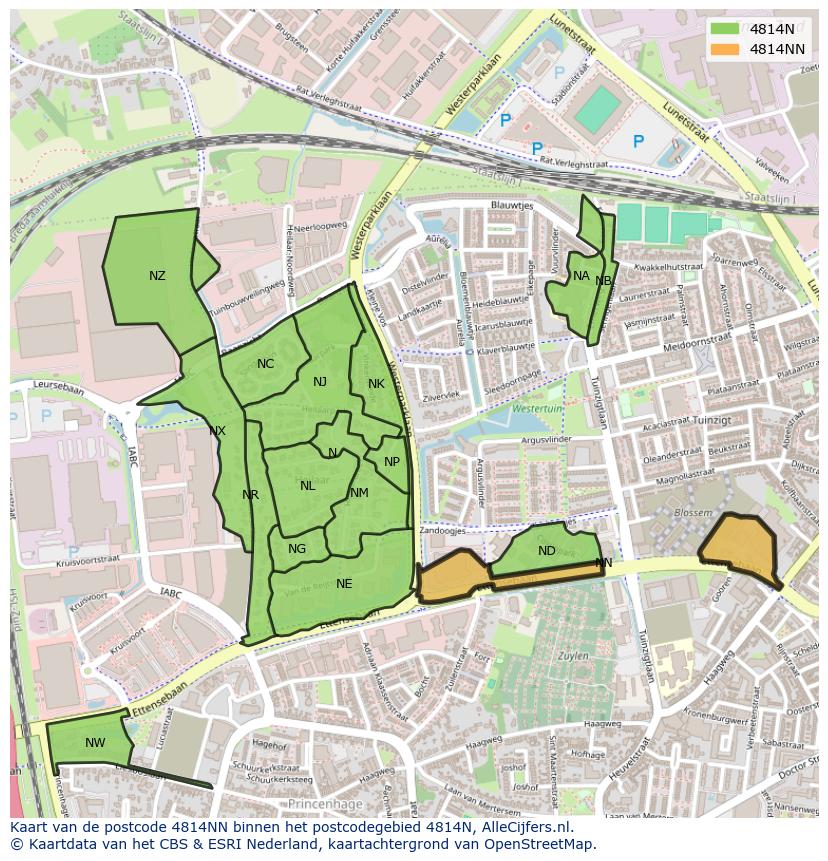 Afbeelding van het postcodegebied 4814 NN op de kaart.