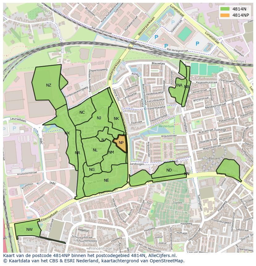 Afbeelding van het postcodegebied 4814 NP op de kaart.